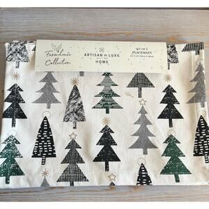 Set of Four Cream Placemats With Pattern of Varied Green Pine Trees - NWT